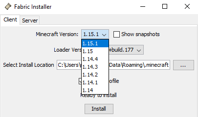 Choosing a Minecraft Version in the Fabric Installer