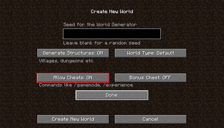 Creating a new world with cheats in Minecraft
