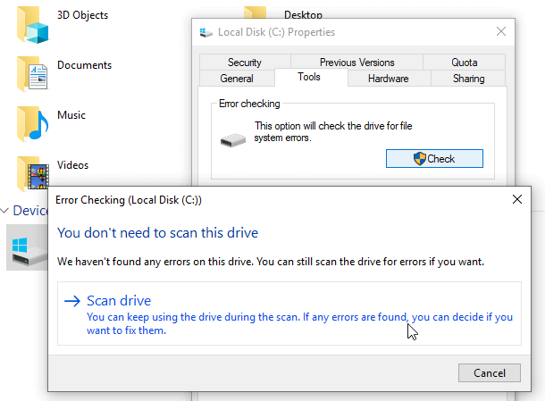Check disk in Windows 10