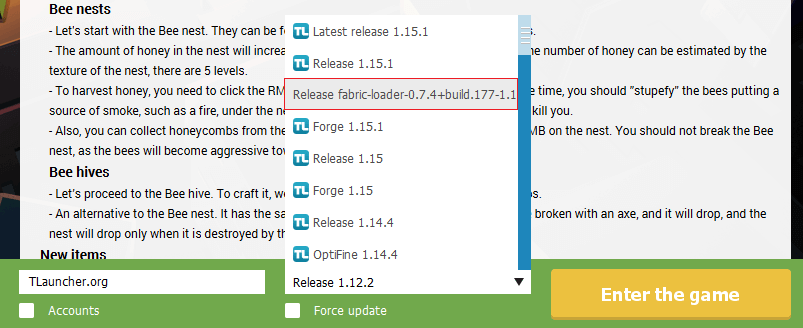 fabric version on tlauncher