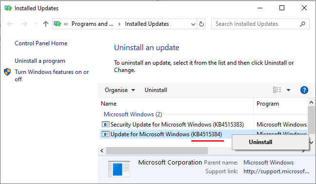 Uninstall update in Windows