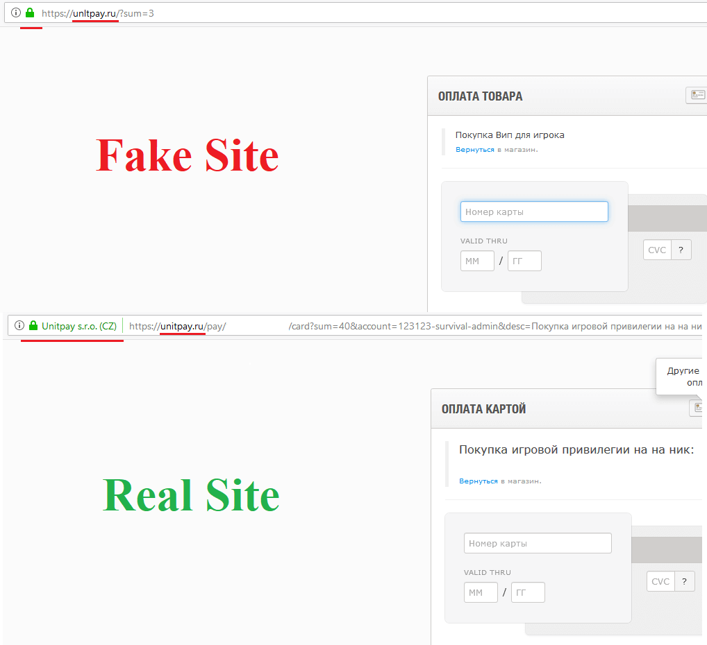 Example of a fake payment system site