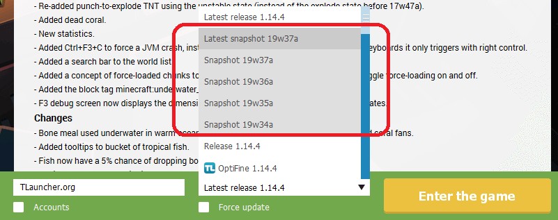 Minecraft snapshots list in TLauncher